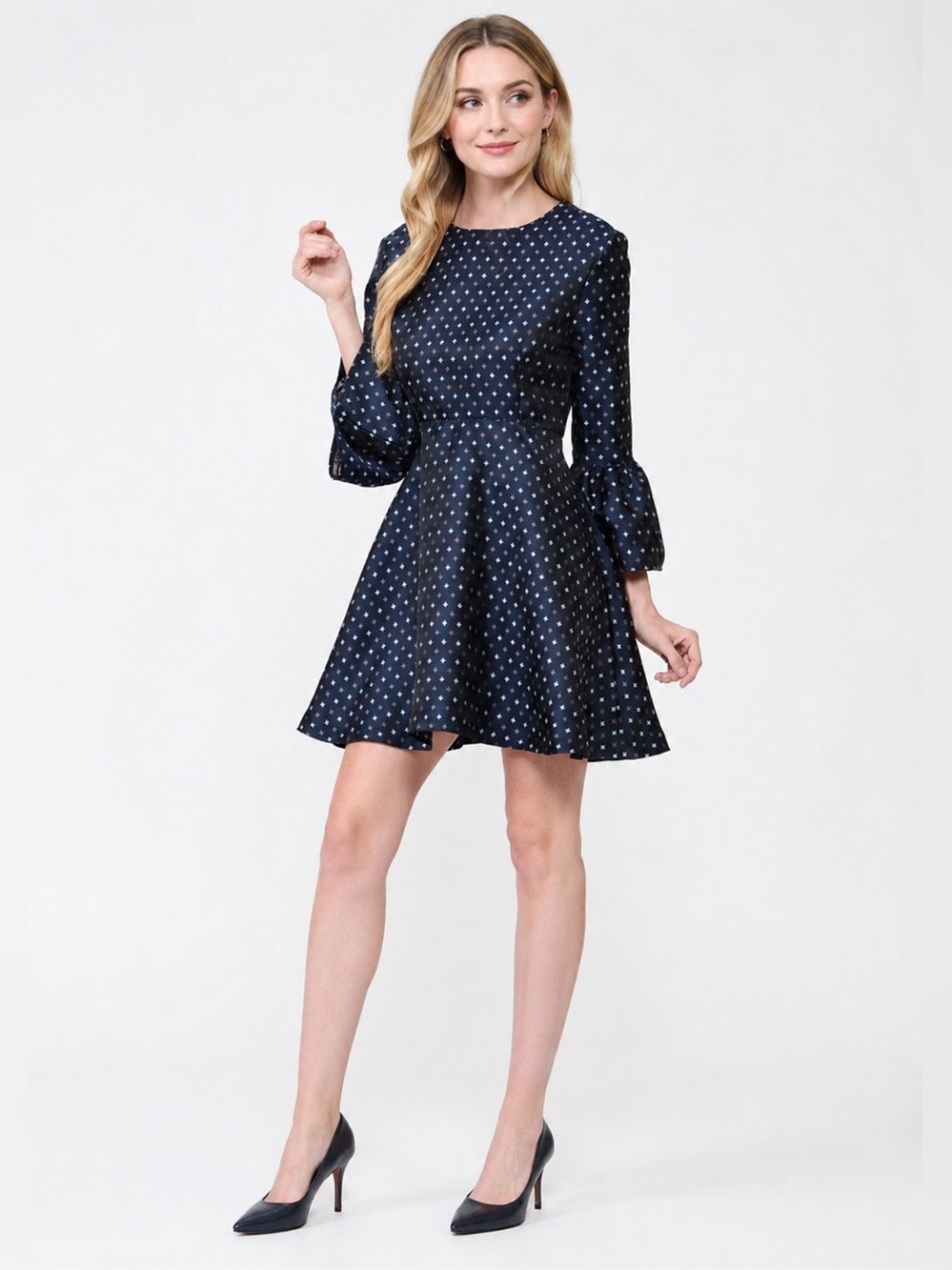 Sister Jane Navy Metallic Print Bell Sleeve Fit & Flare Mini Dress M